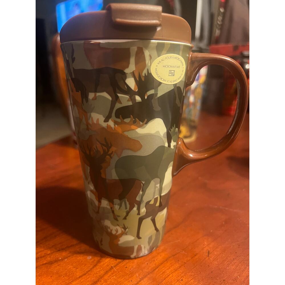 Cypress Home Ceramic Travel Mug Coffee Cup Hunting Camo Deer Moose Elk Country